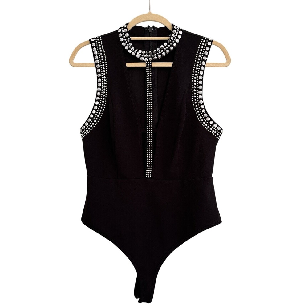 WOW Couture Womens Large Black Studded Bodysuit Deep V Choker Clubwear